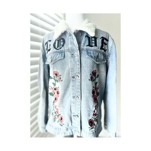 Light Blue Embroidered Sherpa Denim Jacket - LOVE Floral Detail
